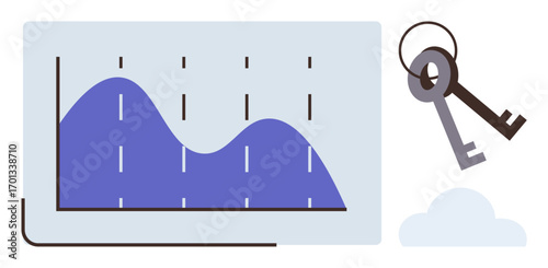 Line graph with fluctuating data points, two keys, and a cloud. Ideal for success, opportunity, data analysis, financial strategy, security, innovation and progress conceptualized in a simple flat