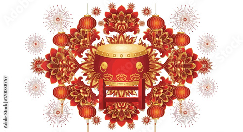 Ornate Red and Gold Chinese Drum with Floral and Lantern Accents