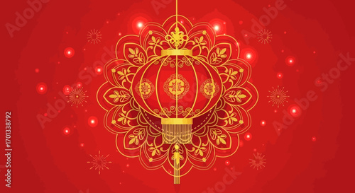 Ornate Red and Gold Chinese Lantern with Decorative Floral Design