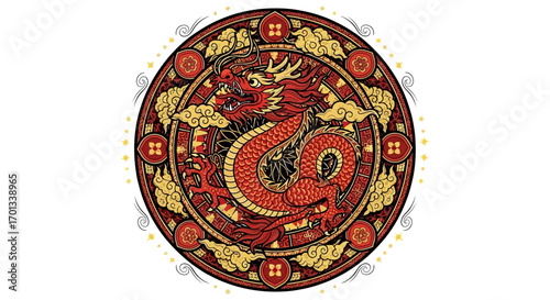Ornate red and golden Chinese dragon illustration, coiled within a traditional circular frame with clouds.
