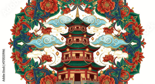 Ornate Red and Green Pagoda Illustration with Floral Frame