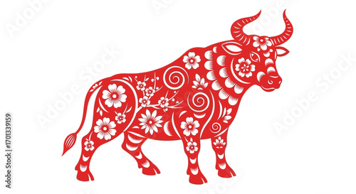 Ornate Red Chinese Zodiac Ox Decorated with White Flowers