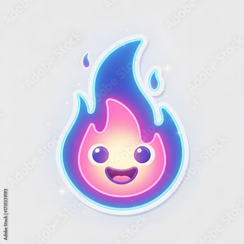 Futuristic 3D icon of a neon flame with smiling expression, soft glow effect, plain white background, no shadow, emoji sticker, highly detailed and fresh design.