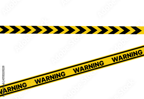 Police yellow tapes. Seamless striped security ribbons. Set warning tapes lines for restriction of criminal accident zones. Barrier borders for crime places on white background. Vector illustration.