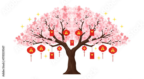 Pink Blossom Tree Adorned with Red Lanterns and Envelopes