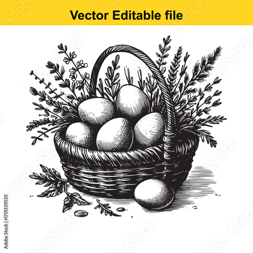 Hand drawn basket of eggs with foliage isolated on white background