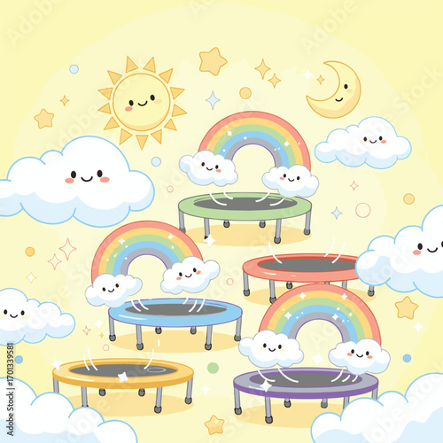 Whimsical illustration of cute clouds jumping on trampolines under rainbows with sun and moon, patern seamless, Stock royalty image.