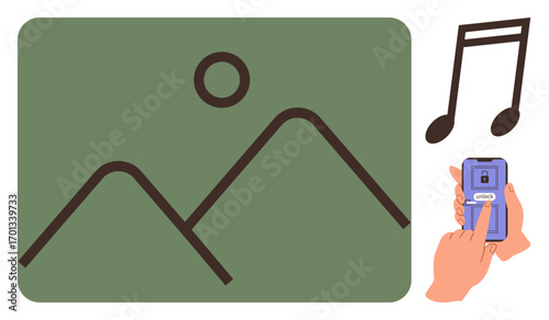 Smartphone unlocking with PIN, large photo and music note icons. Ideal for media consumption, security, file sharing, tech use, digital lifestyle, mobile apps, simple flat metaphor