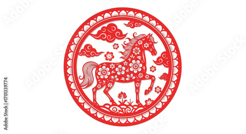 Red Floral Horse Paper Cut Design, Intricate Circular Frame