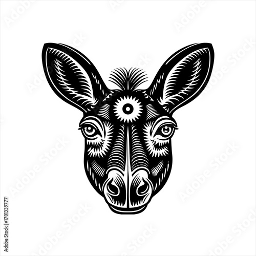 Engraving style donkey head with a third eye