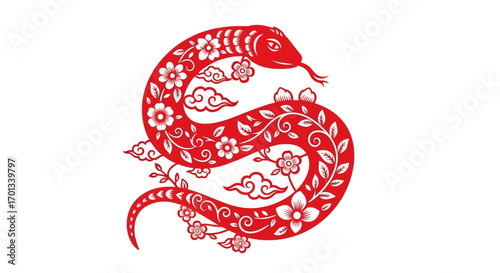 Red Floral Snake Design, Chinese Style, Intricate Paper Cut Art, Coiled Pose, White Flowers