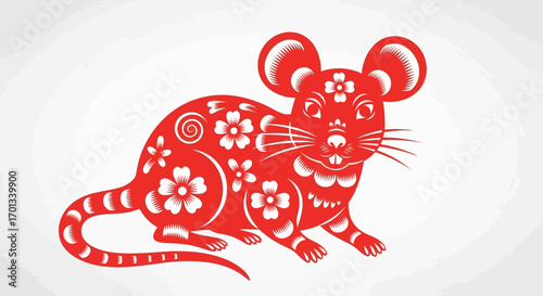 Red Papercut Rat with Floral Designs for Chinese New Year