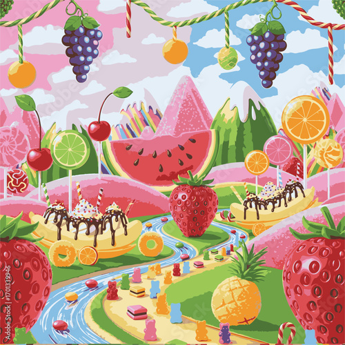 Whimsical illustration of a candy land with fruit and sweets, colorful and joyful., seamless pattern, royalty stock.