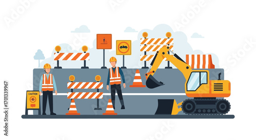 Road Construction Scene with Workers, Barriers, and Excavator Illustration