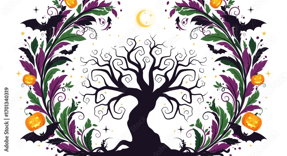 Obraz premium Spooky Halloween Silhouetted Tree with Bats and Pumpkins