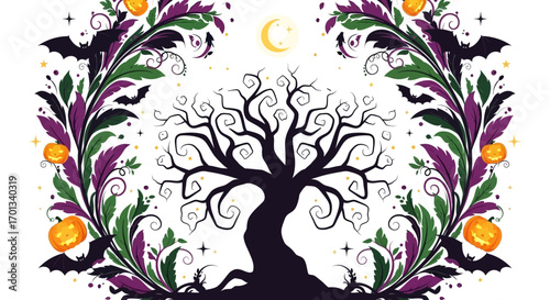 Spooky Halloween Silhouetted Tree with Bats and Pumpkins