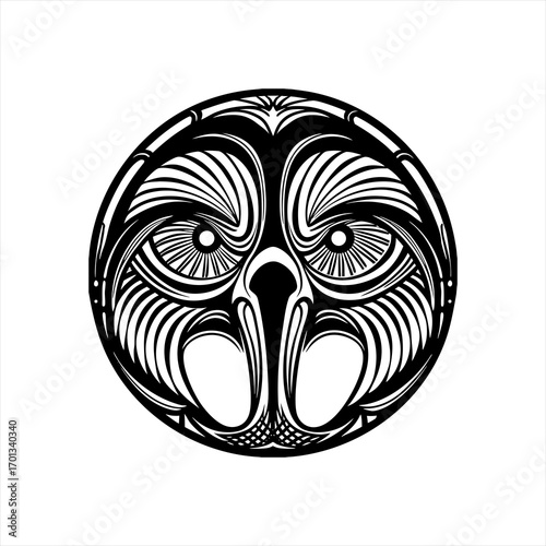 Owl head in a circle, black and white illustration
