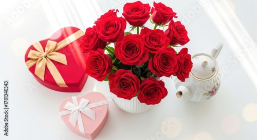Red roses in vase with heart boxes & teapot, bright still life setting