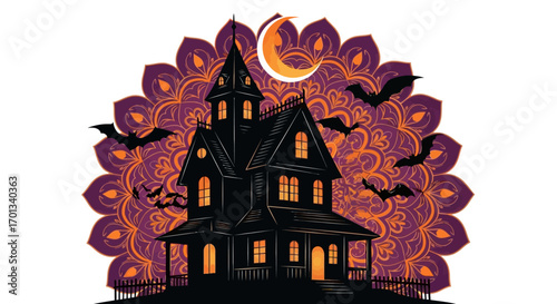 Spooky Silhouette Haunted House with Bats and Crescent Moon