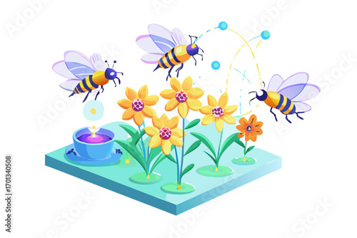 Bees pollinating flowers in a garden with a cup of tea