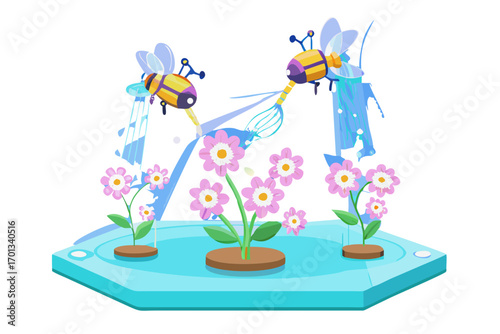 Two cartoon bees pollinating flowers on a blue platform