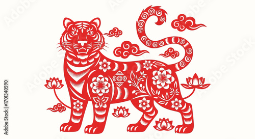 Stylized red tiger in traditional Chinese paper-cut art with intricate floral patterns, lotus flowers, and decorative clouds.