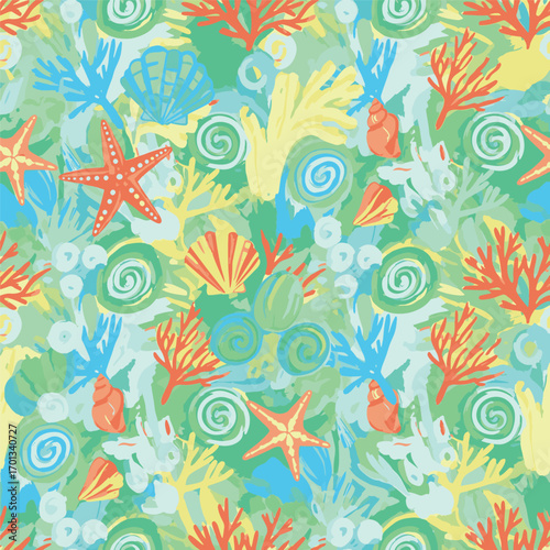Whimsical hand-drawn illustration of a vibrant underwater world with coral and sea creatures, patern seamless, Stock royalty image.