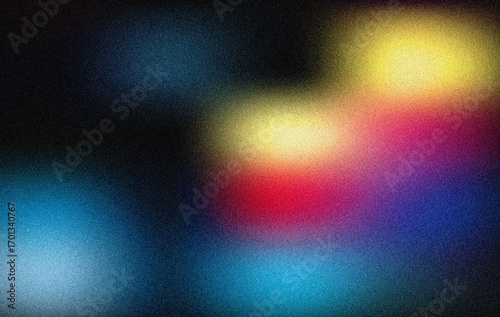 Abstract Colorful Bokeh Background with Noise Texture:  Blurred Lights, Dark Moody Gradient,  Vibrant Hues,  Grainy Film Effect.