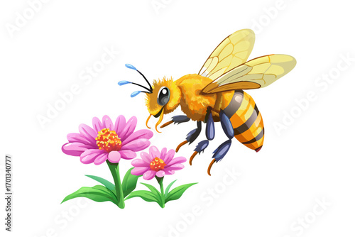 Cute cartoon bee flying towards pink flowers