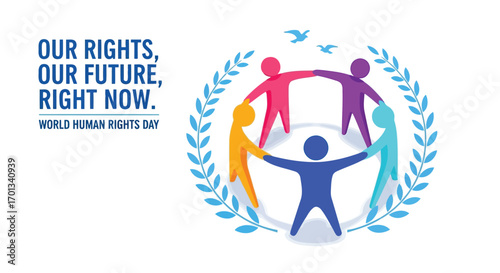 Vector illustration of world human rights day illustration with diverse people holding hands in a circle
