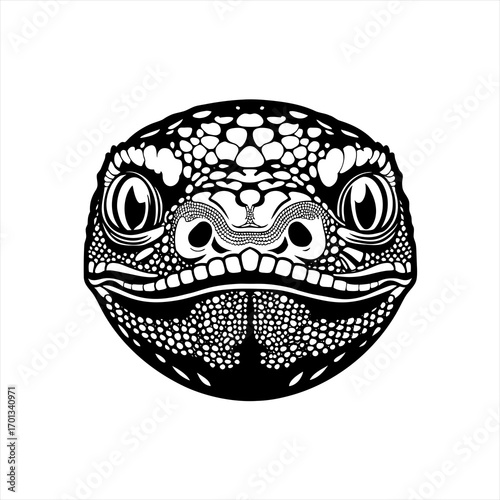 Detailed iguana head illustration in black and white
