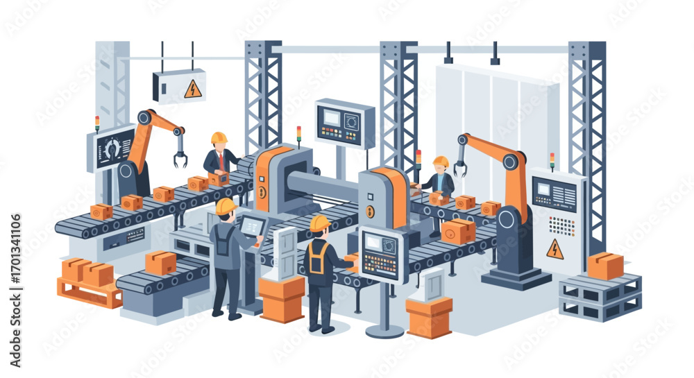 Fototapeta premium Vector illustration of a modern factory with an automated assembly line, robotic arms, and workers in hard hats.