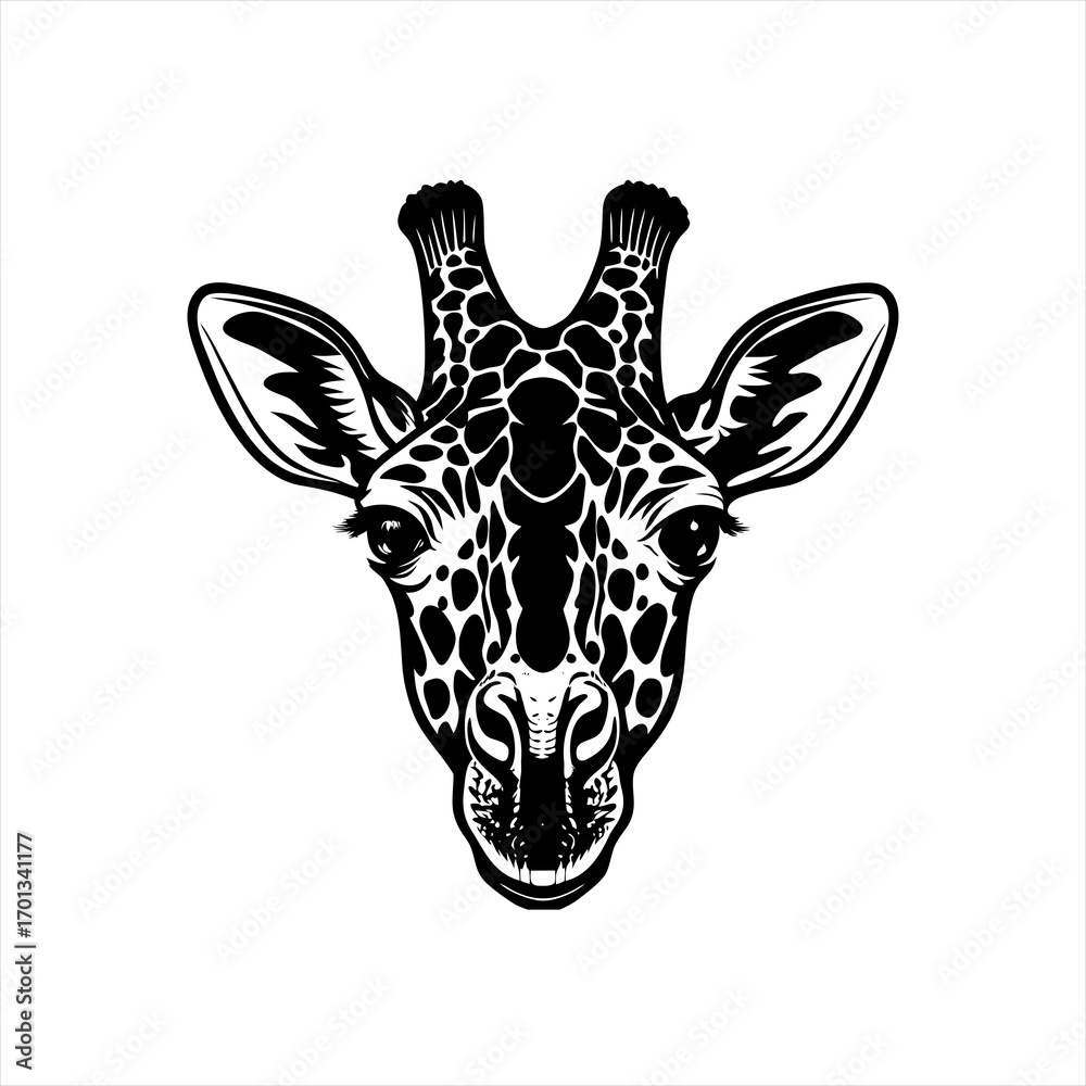 Naklejka premium Giraffe head, a black and white vector art