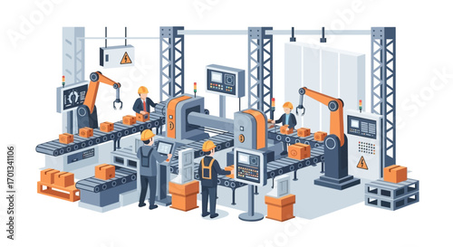 Vector illustration of a modern factory with an automated assembly line, robotic arms, and workers in hard hats.