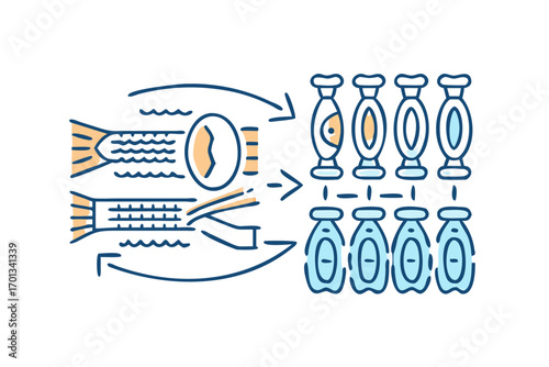 Illustration of fish tails and an egg transforming into multiple fish in jars