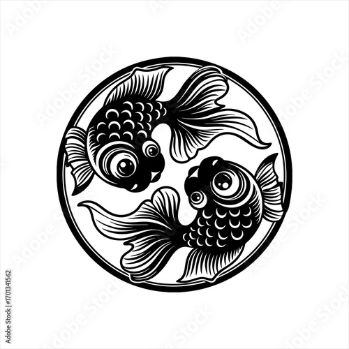 Two fish in a circle, vintage style vector art