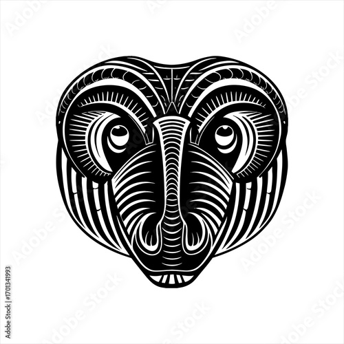 Stylized baboon head in black and white style
