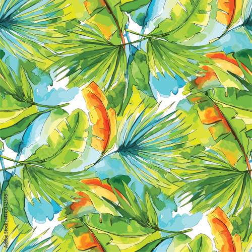 Vibrant watercolor illustration featuring lush tropical leaves and foliage pattern, patern seamless, Stock royalty image.