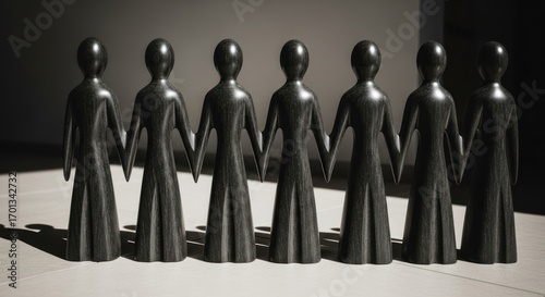 Wallpaper Mural Row of seven dark statues, holding hands, standing on a tiled floor Torontodigital.ca