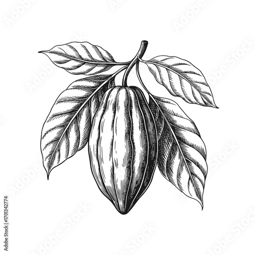 Vintage Engraving of Cacao Pod with Leaves Illustration