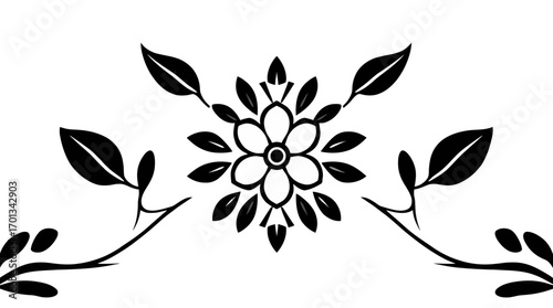 Wallpaper Mural Black and white floral design featuring a central flower and stylized leaves on a white background. Torontodigital.ca