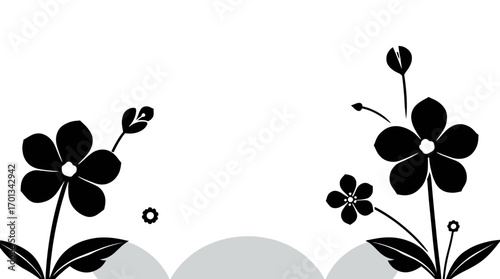 Simple black and white floral illustration with stylized flowers and buds on stems.