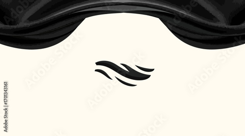 Abstract illustration of black fabric drapes above a stylized wave symbol on a light background.