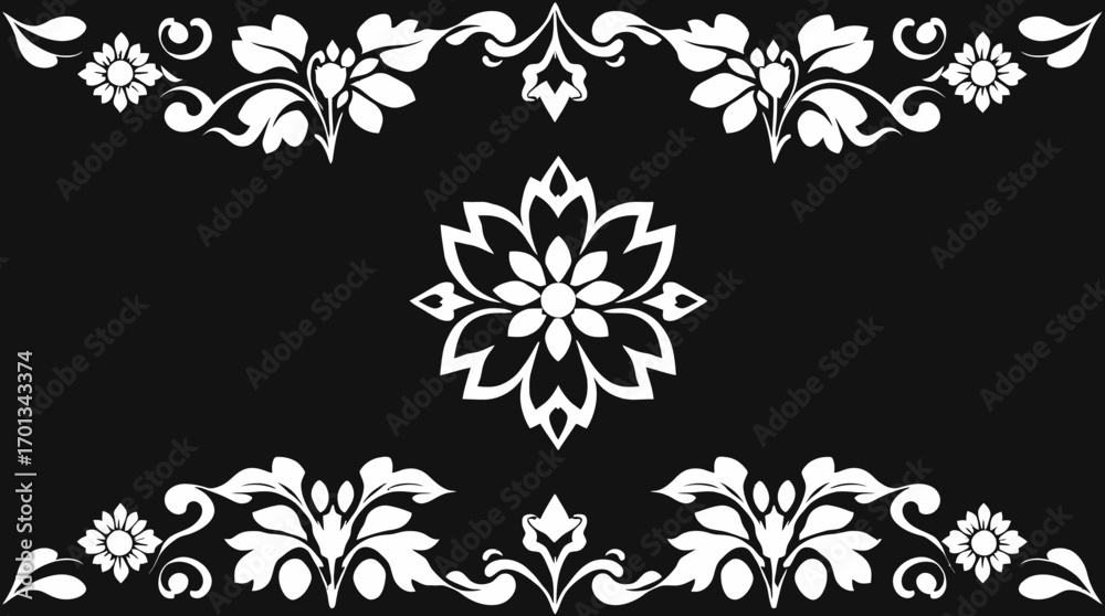 Obraz premium Elegant black and white floral damask pattern with symmetrical design elements.