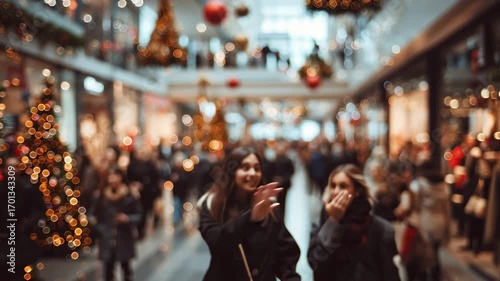 People walking while shopping in a festive mall during the Christmas season on blurred background 