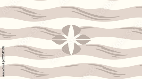 Abstract design with light gray waves and a central flower motif on a light beige background.