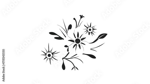 Black and white illustration of stylized flowers and leaves arranged in a cluster.