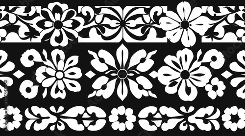 Intricate floral and ornamental patterns arranged in horizontal black and white borders.