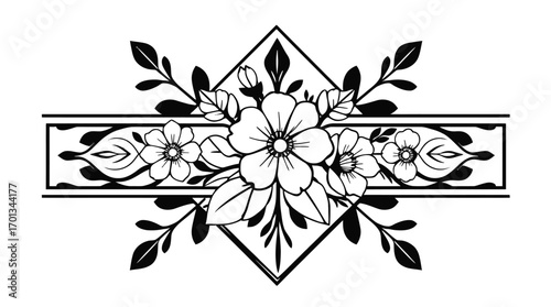 Floral design featuring blossoms and leaves arranged within a geometric diamond and rectangular frame.