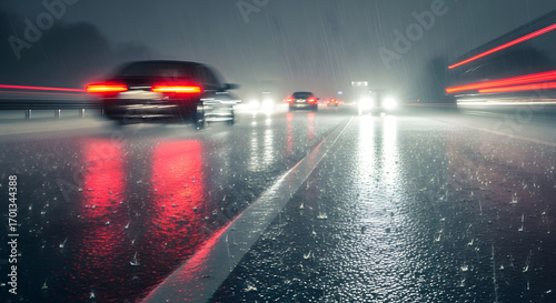 Intense night driving scene on a highway during Heavy Rain, with cars navigating through torrential downpour, creating dramatic light streaks and reflections on the wet asphalt